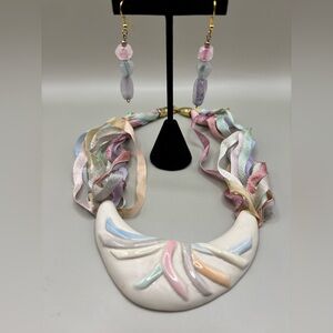 Handcrafted Pastel Ribbon Necklace with Ceramic Pendant - 80’s Carol Halmy